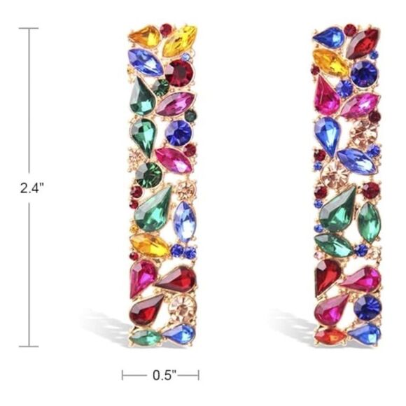 Yellow Gold with Multicolored Crystal Geometric Rectangle Post Back Earrings - Picture 6 of 6